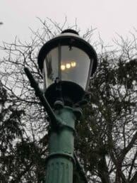 The Grade II listed standard gas lamp in King's Road, Alton. How amazing to find it lit and working.